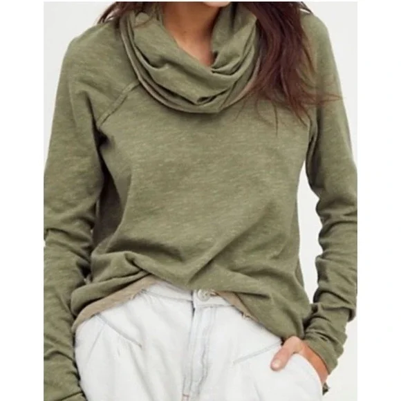 Free People BEACH Heather Green Cotton Long Sleeve Cowl Neck Pullover Size M - Picture 9 of 9